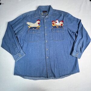 Blue Denim Jean Chicken Hen Appliqué Embroidered Button Down Shirt Women Cottage